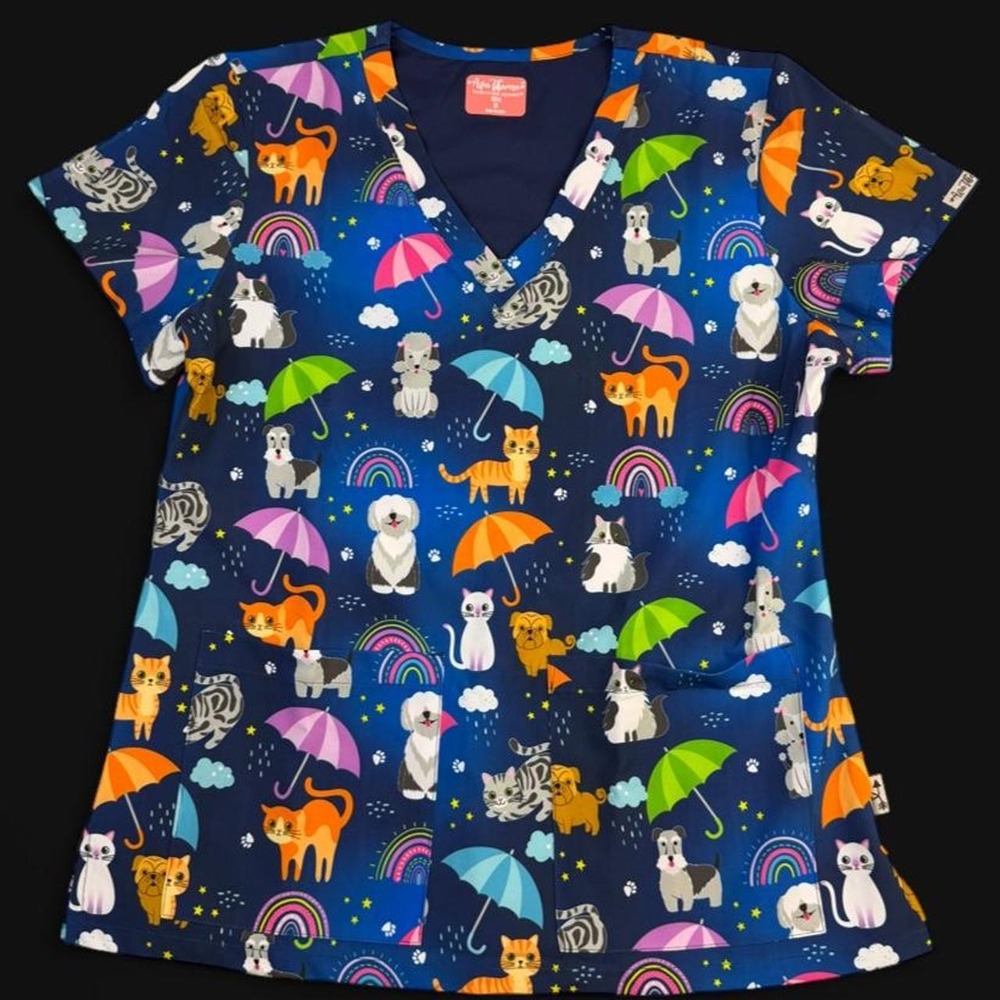 Ava Therese by Zavaté Apparel "Raining Cats & Dogs" V-Neck Scrub Top Whimsical